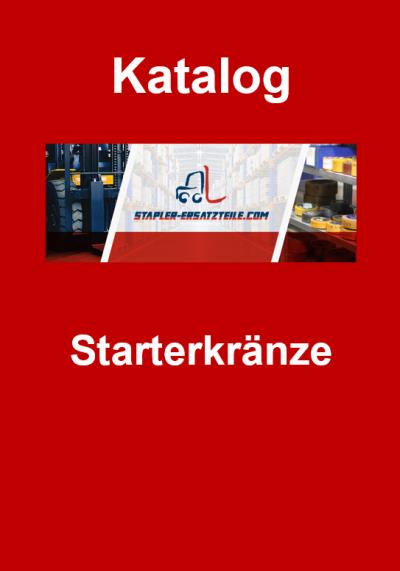Titelbild Katalog "Starterkränze" - Stapler-Ersatzteile.com Logo in der Mitte, darüber das Wort "Katalog" und darunter "Starterkränze", weiße Schrift auf rotem Hintergrund